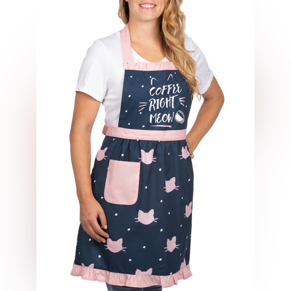 NEW Pantry Coffee Right Meow polka dot pink cat apron